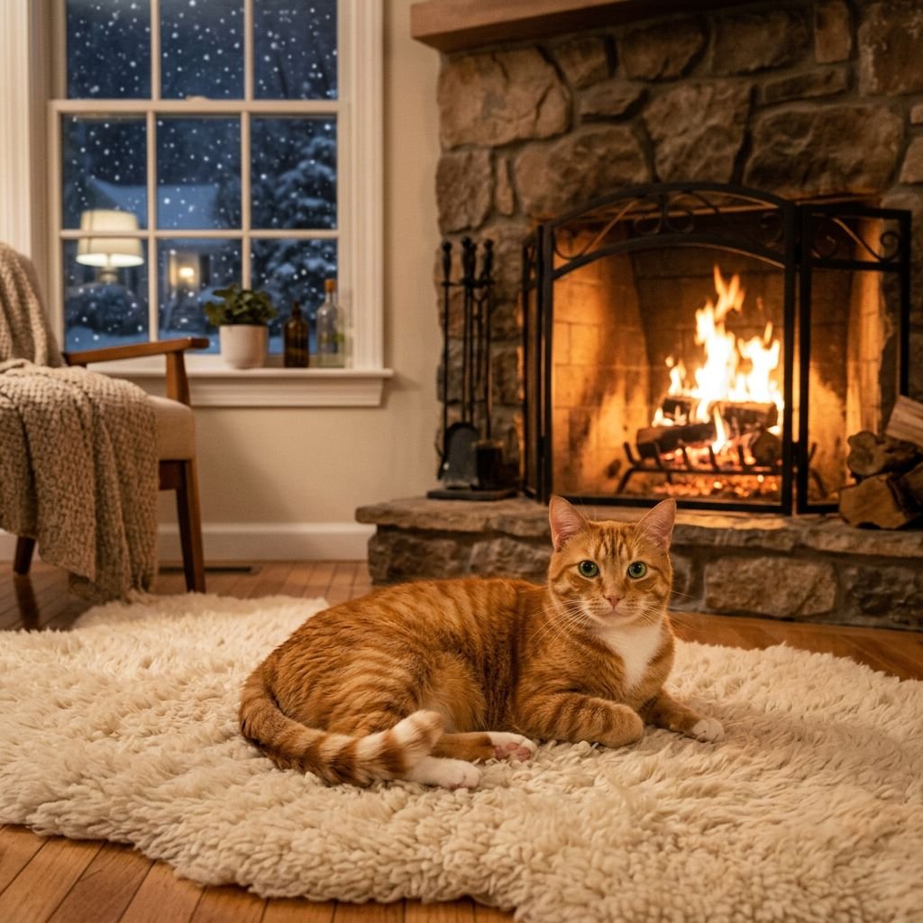 A calm cat resting in a boarding suite by a warm fireplace