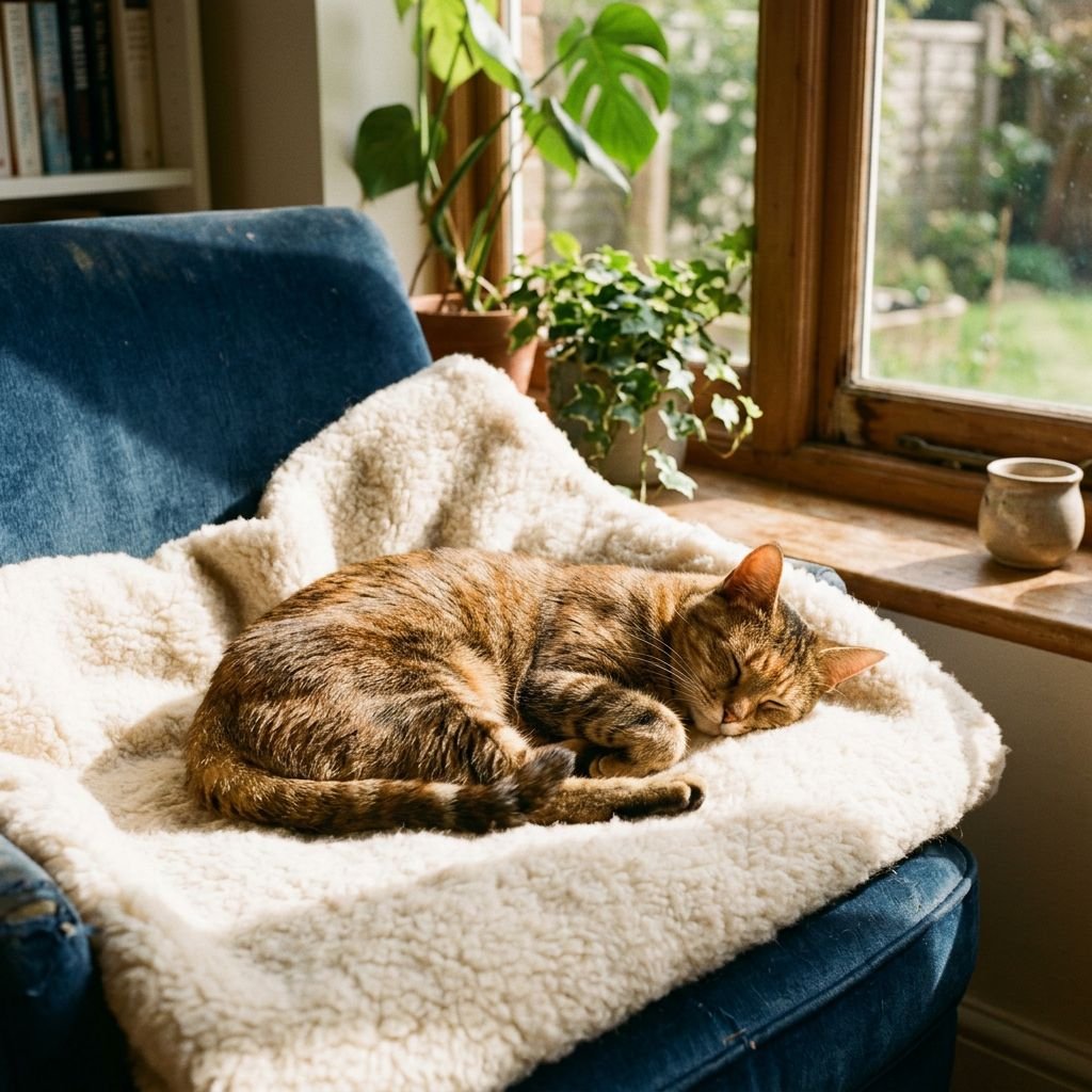 A cat resting in a sunlit room