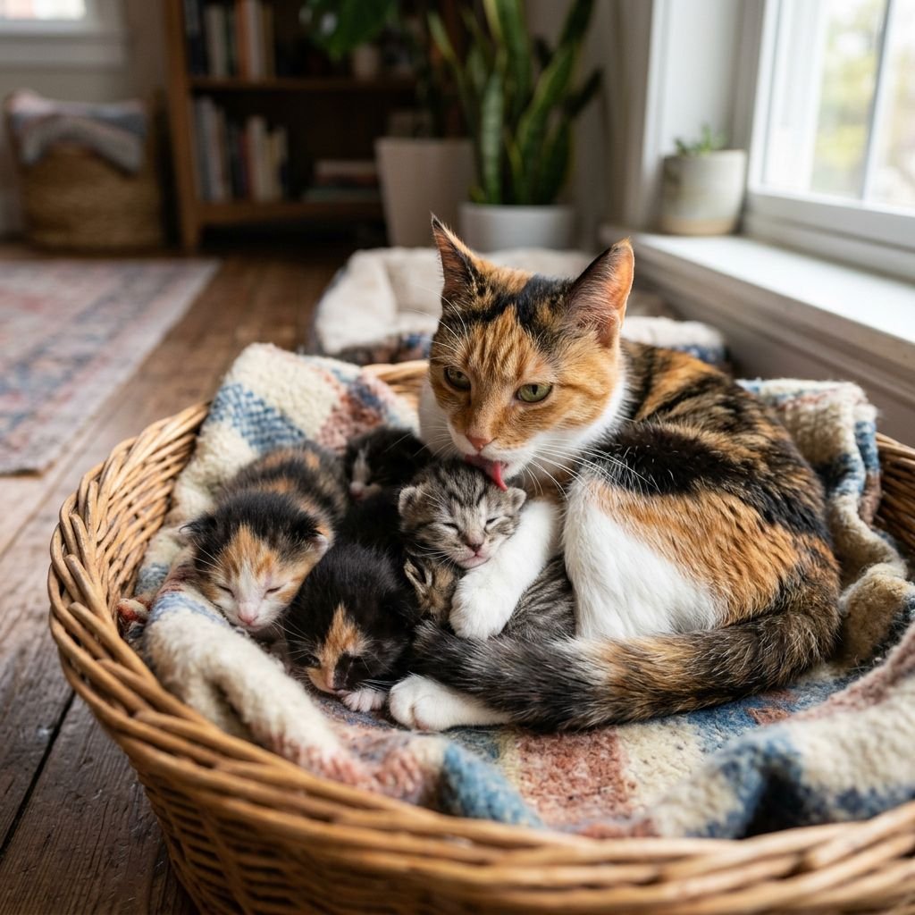 A mother cat resting with her kittens in soft indoor light
